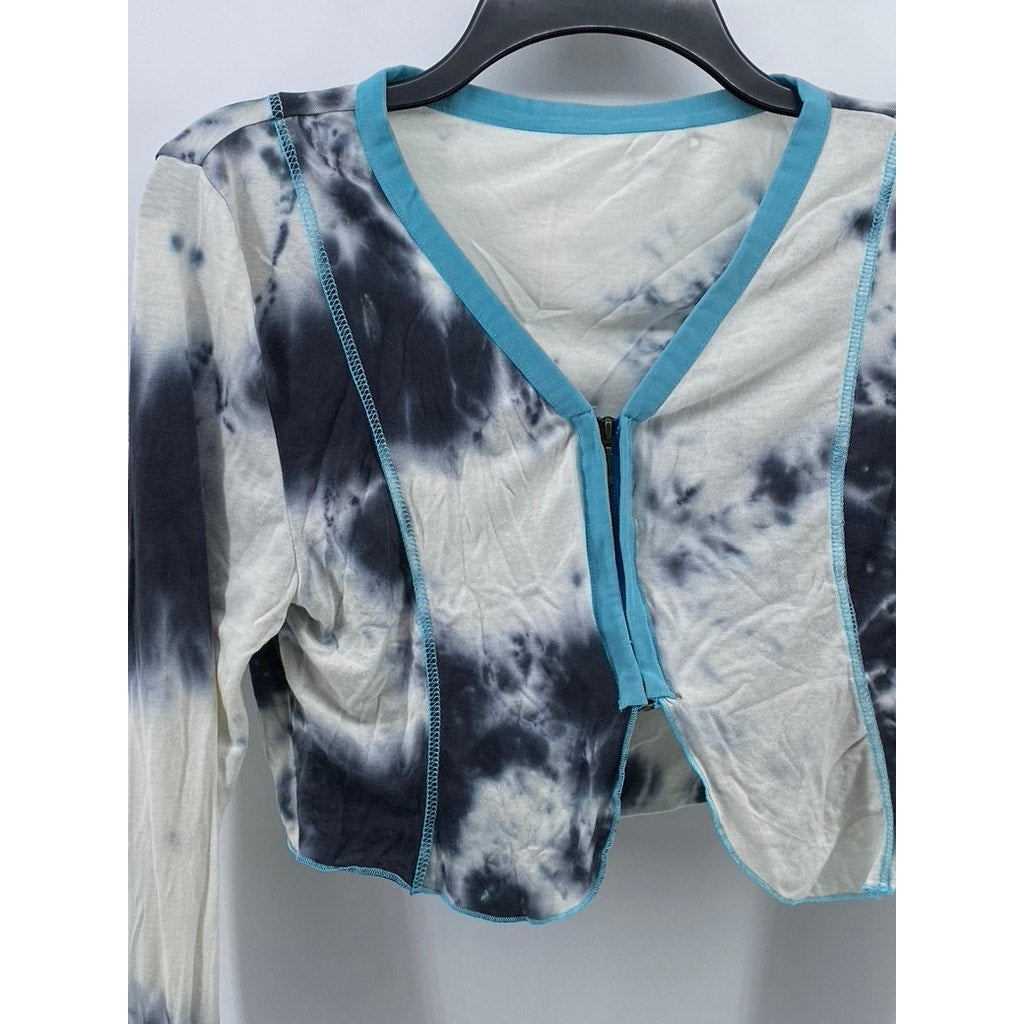UNBRANDED Women's White-Blue-Black Tie-Dye Asymmetrical Zip-Up Cropped Top SZ M