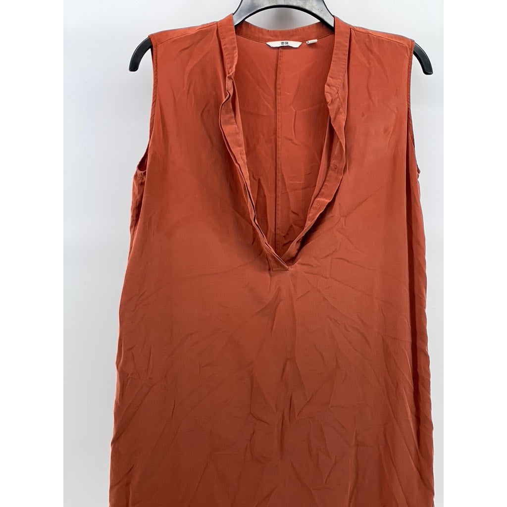 UNIQLO Women's Rust Orange Silk Spilt-Neck Sleeveless A-Line Mini Dress SZ S