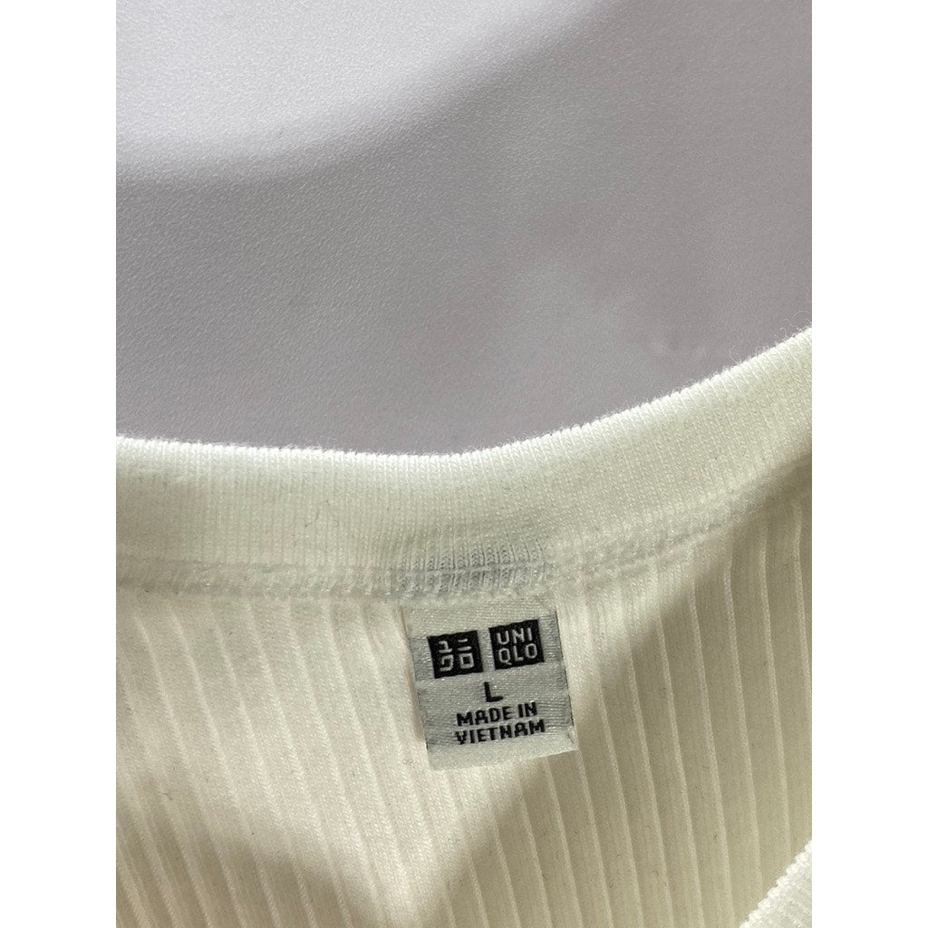 UNIQLO Women's White Stretch Ribbed Crewneck Sleeveless Cropped Tank Top SZ L