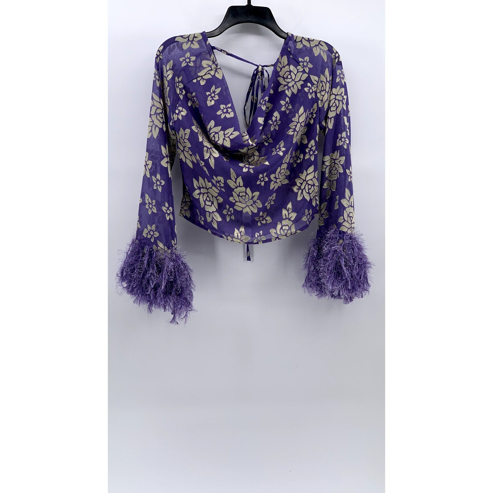 ASOS Women's Purple-Beige Floral Print Long Sleeve V-Neck Open Back Top SZ 4