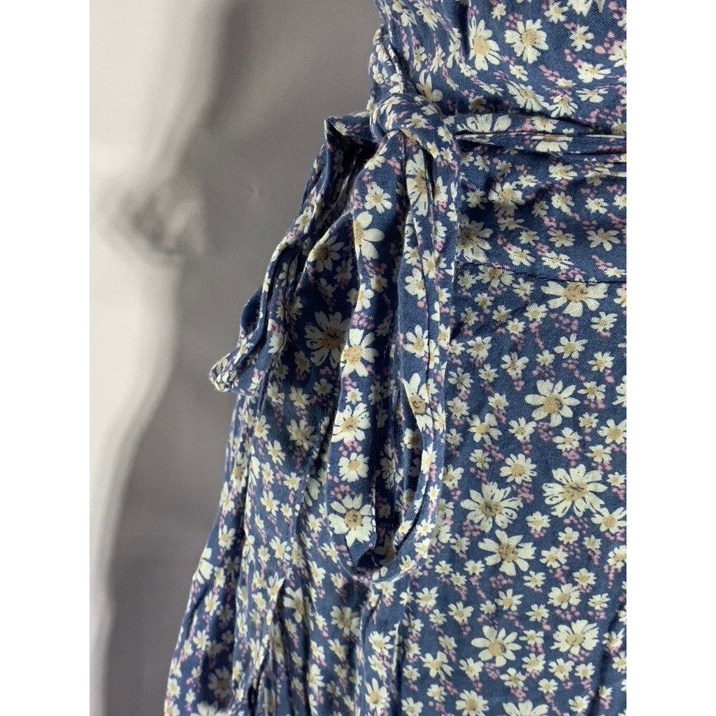 WALKER & WADE Women's Blue Floral Ruffle-Trim V-Neck Wrap Midi Dress SZ XS