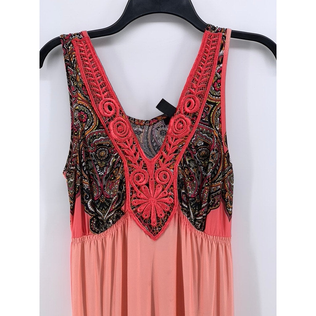 STYLE & CO Women's Peach Printed Lace V-Neck Asymmetrical Midi Dress SZ S