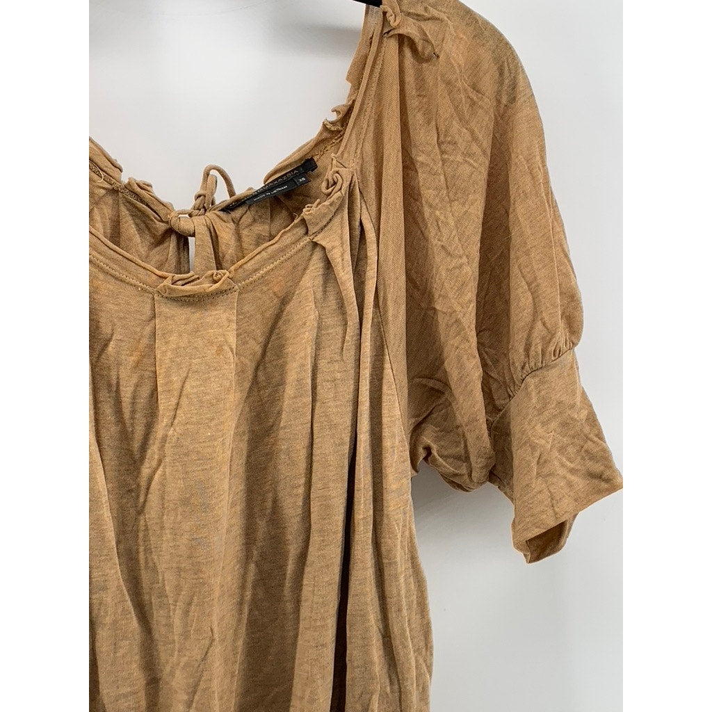 BCBMAXAZARIA Women's Tan Scoop-Neck Short Sleeve Bodycon Mini Dress SZ XS