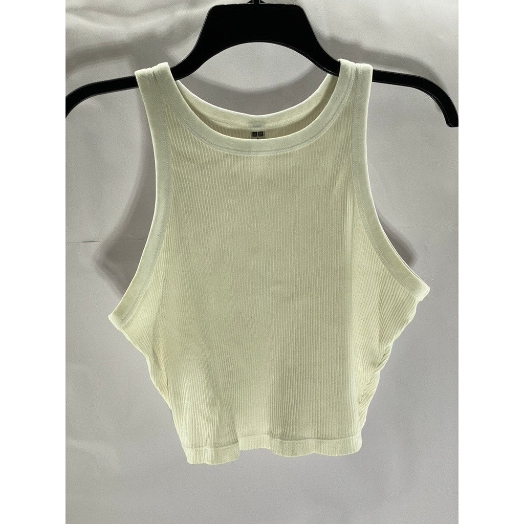 UNIQLO Women's White Stretch Ribbed Crewneck Sleeveless Cropped Tank Top SZ L