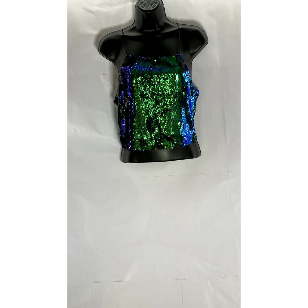FORVEER 21 Women's Green Straight-Neck Sequin Embellished Crop Tank Top SZ S