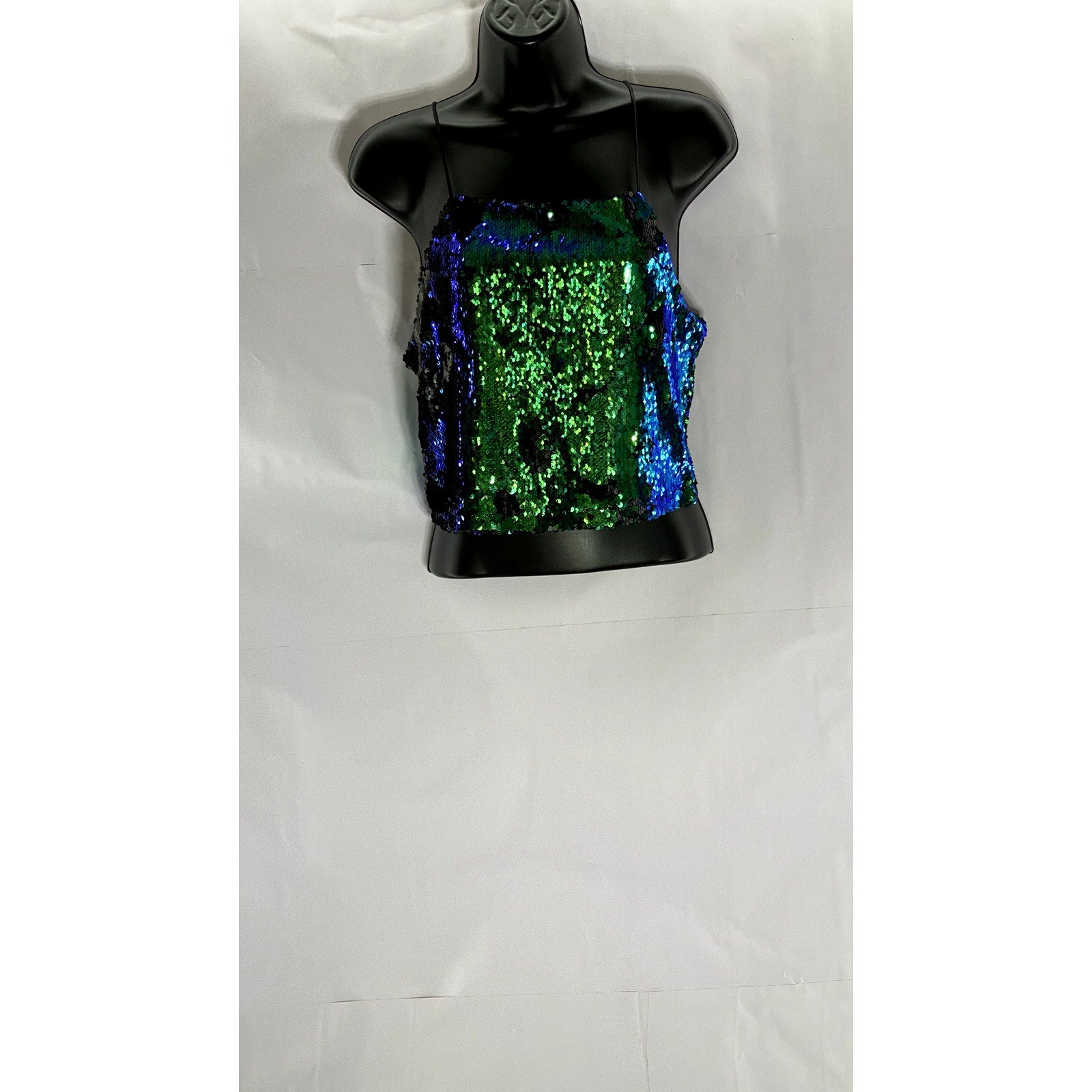 FORVEER 21 Women's Green Straight-Neck Sequin Embellished Crop Tank Top SZ S