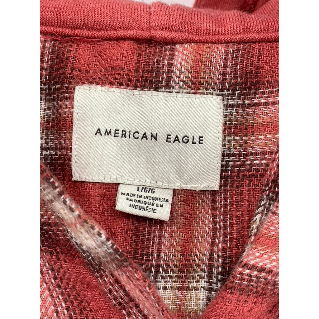 AMERICAN EAGLE Men's Red Plaid Button-Up Hooded Long Sleeve Sweater Shirt SZ L