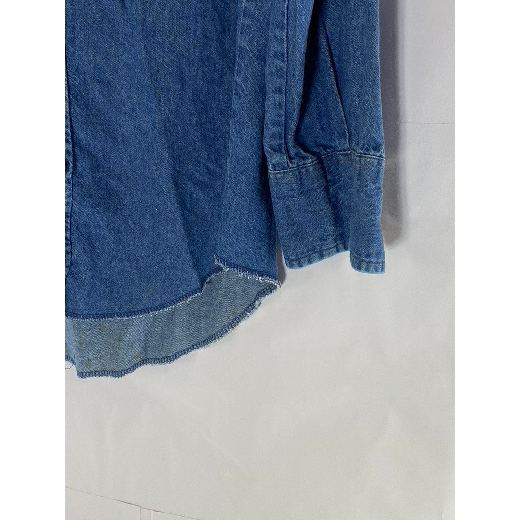 WRANGLER Men's Dark Blue Denim Regular-Fit Distressed Button-Up Shirt SZ 15.5 33