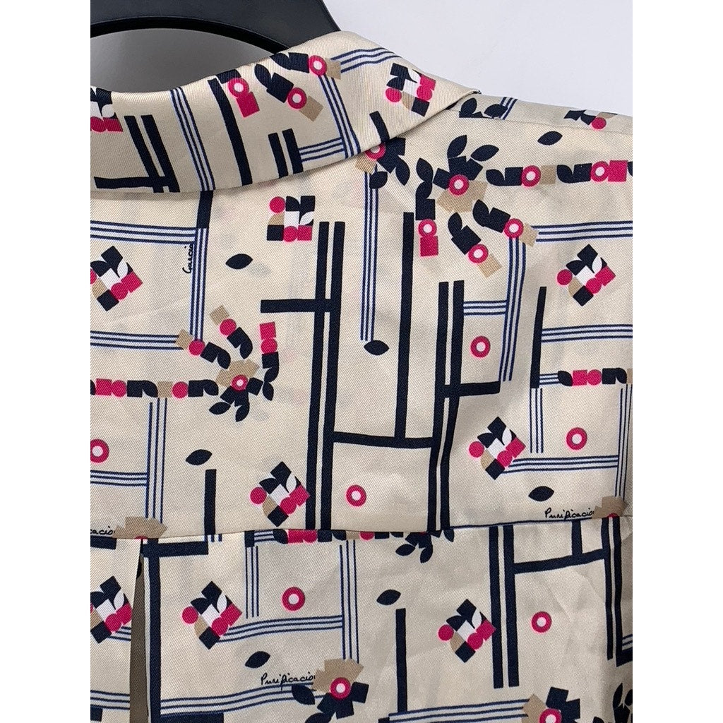 PURIFICACION GARCIA Women's Beige-Navy Printed Split-Neck Blouse SZ 38(US-S)