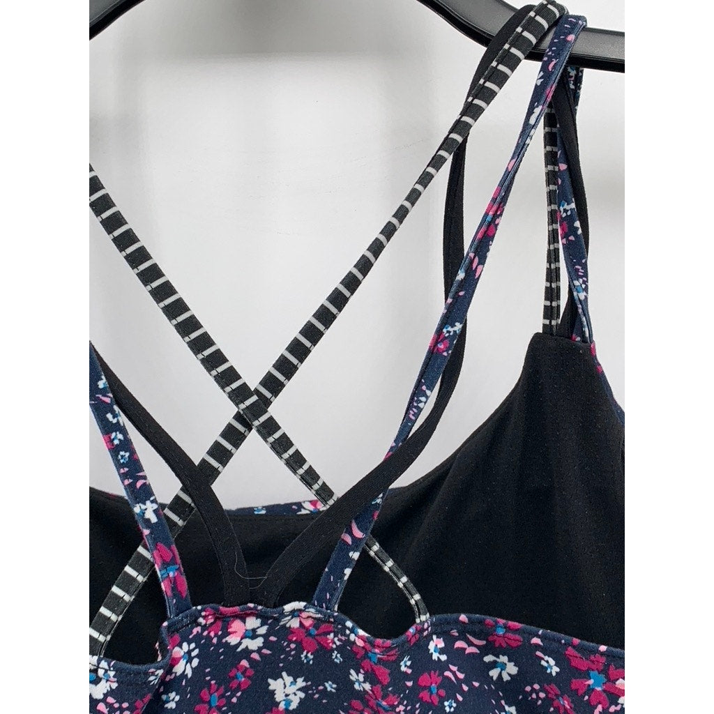 GAP FIT Women's Navy Daisy Floral Print Cross Strap Sports Bra SZ L