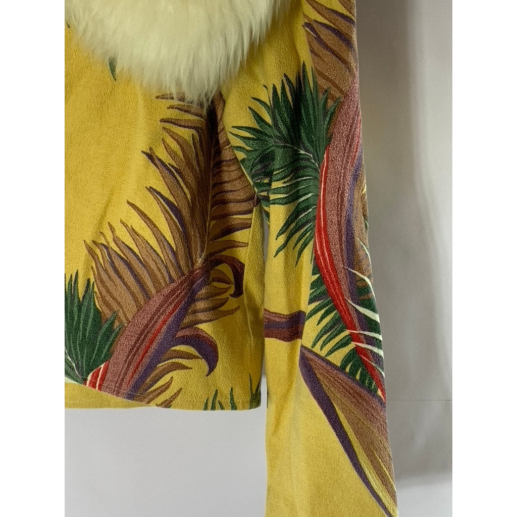 WESTERLY USA Women's Vintage Yellow Floral Fur Collar Zip-Up Jacket SZ M