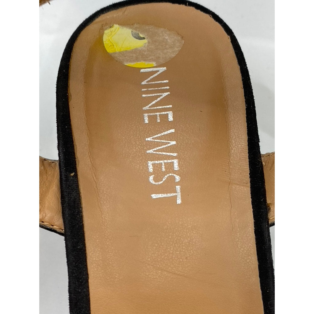 NINE WEST Women's Black Pepperman Round-Toe Ankle-Strap Wedge Sandals SZ 9