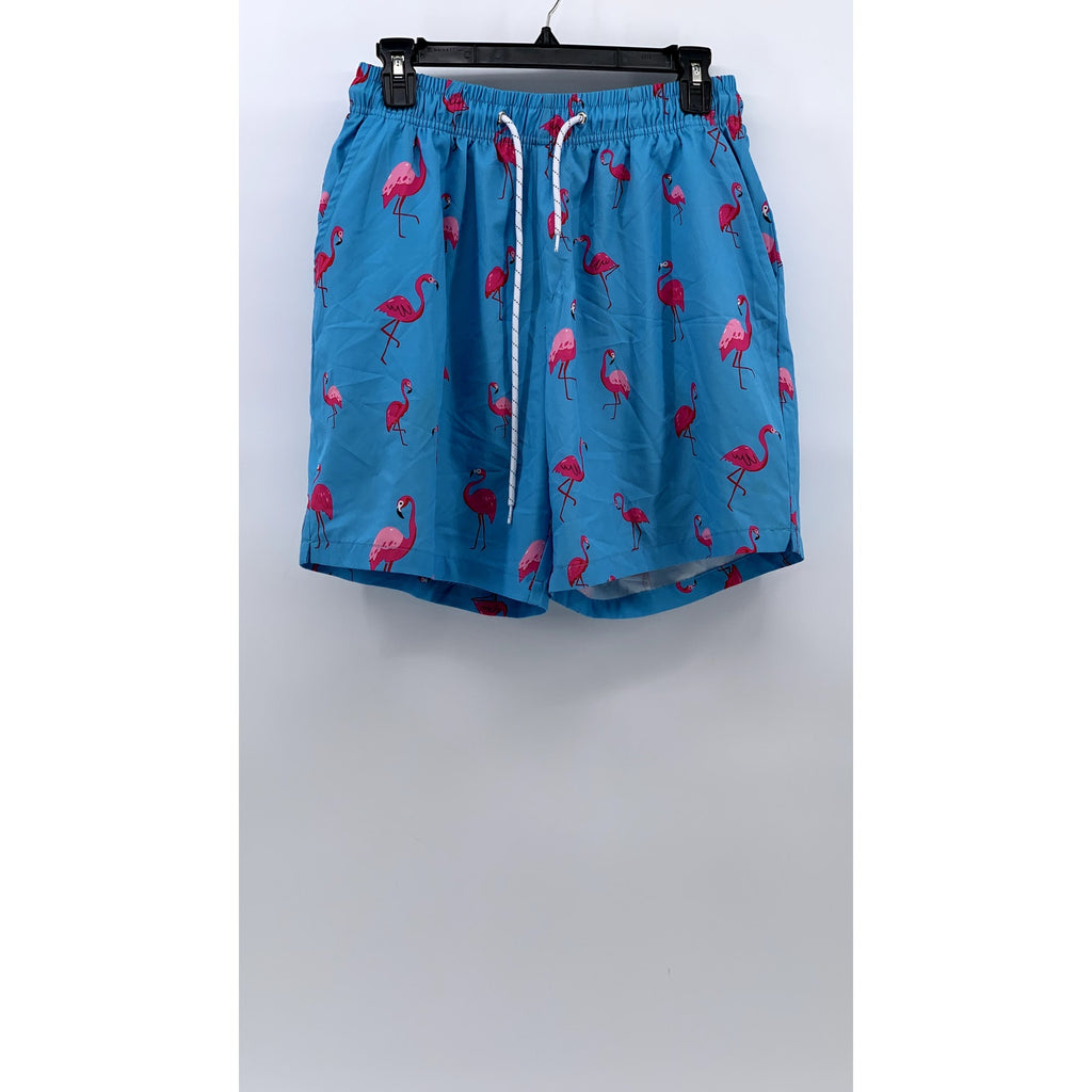 UNBRANDED Men's Light Blue Pink Flamingo Print Drawstring Waist Shorts SZ M