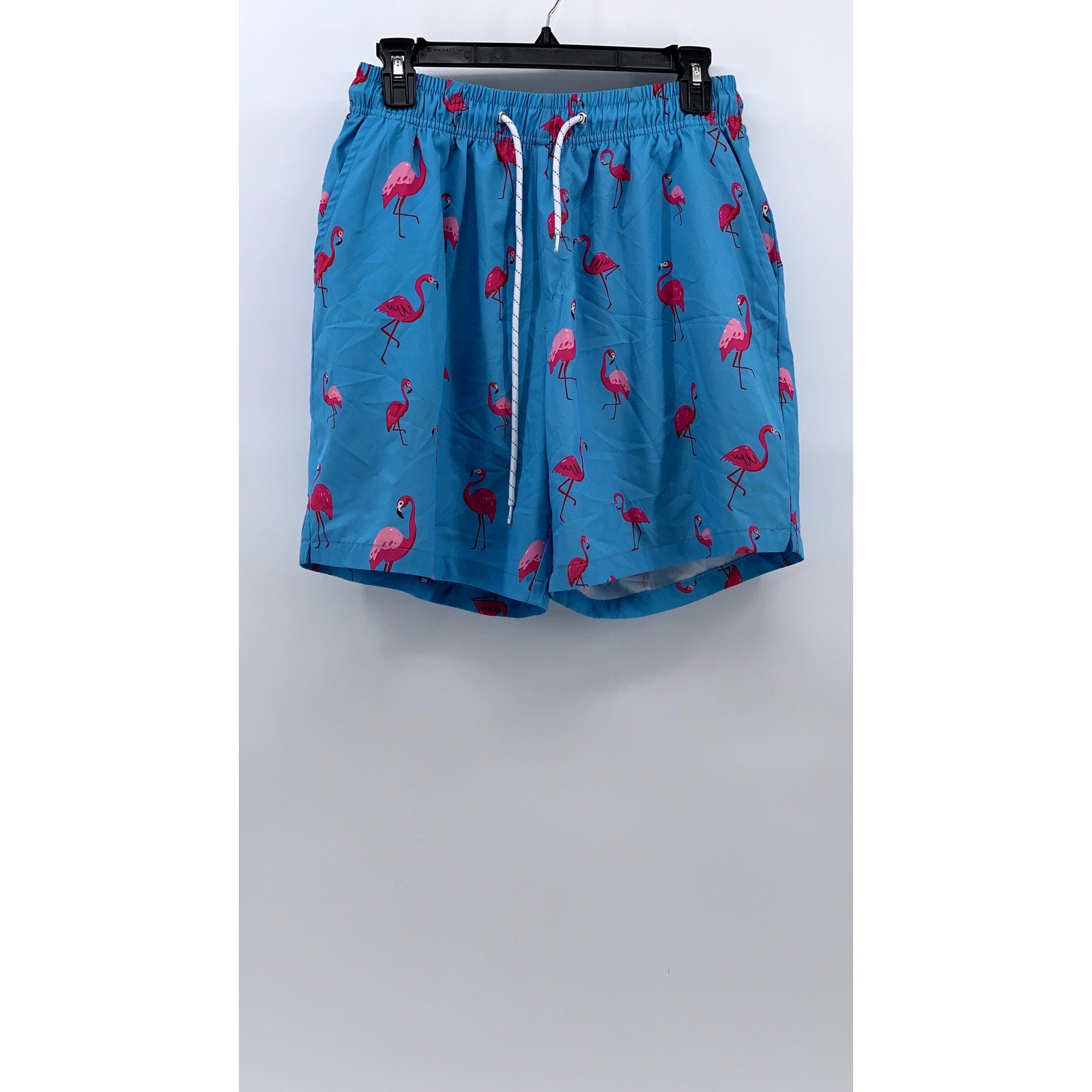 UNBRANDED Men's Light Blue Pink Flamingo Print Drawstring Waist Shorts SZ M