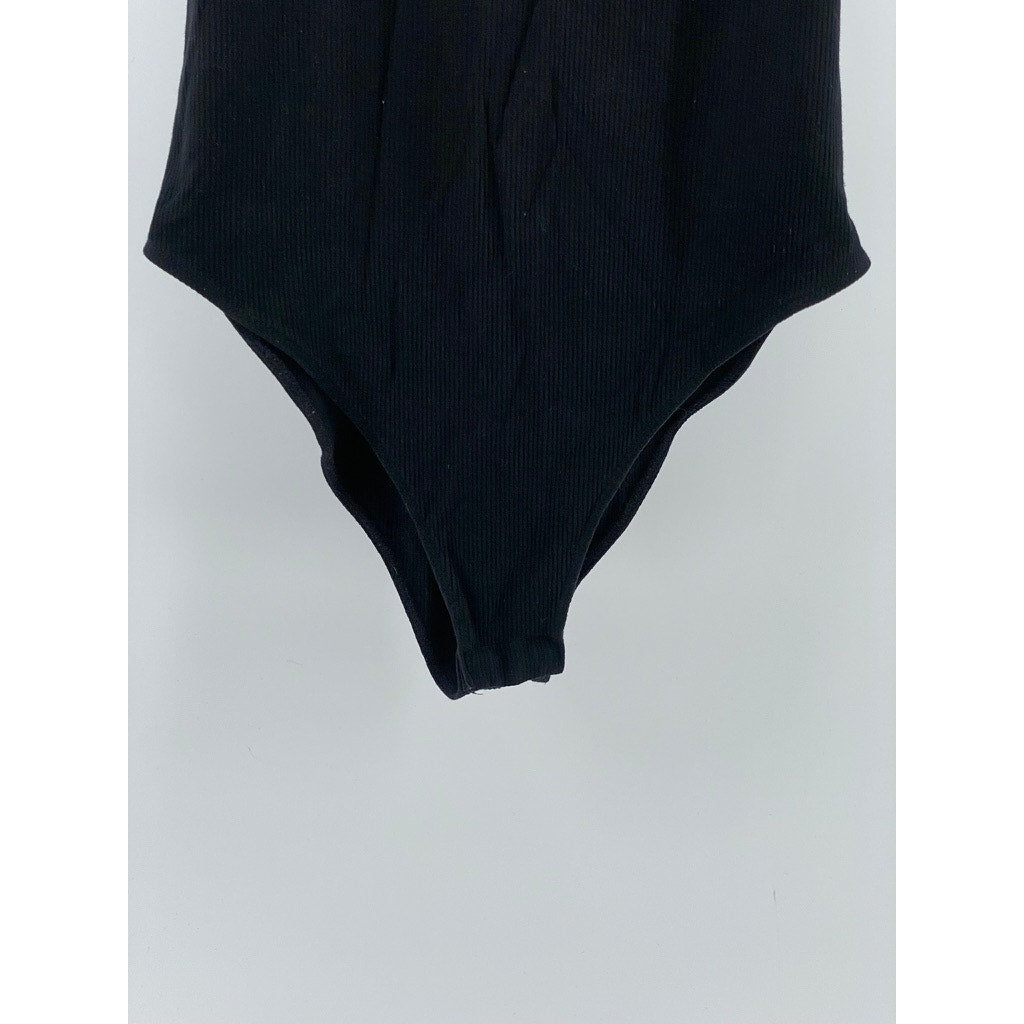 MANGOPOP Women's Black Ribbed Scoop-Neck Sleeveless One-Piece Bodysuit SZ S