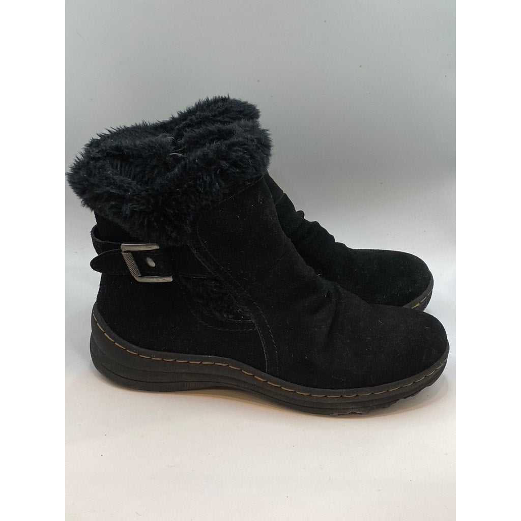 BARETRAPS Women's Black Leather Faux-Fur Round-Toe Ankle Winter Boots SZ 7