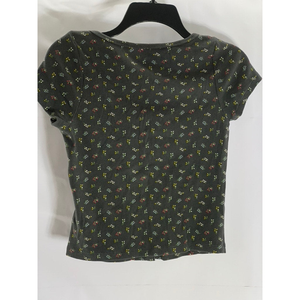 OLD NAVY Women's Grey Floral Print Button-Up Short Sleeve Scoop-Neck Top SZ S
