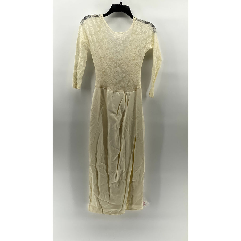EXPO Women's Petite Ivory Crewneck Lace Long Sleeve Pleated Midi Dress SZ 6