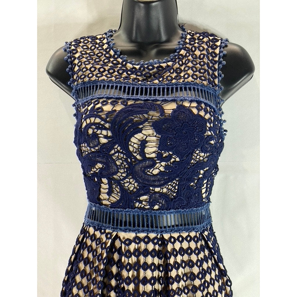 AQUA Women's Navy/Nude Eyelet Lace-Trim Sleeveless A-Line Mini Dress SZ S
