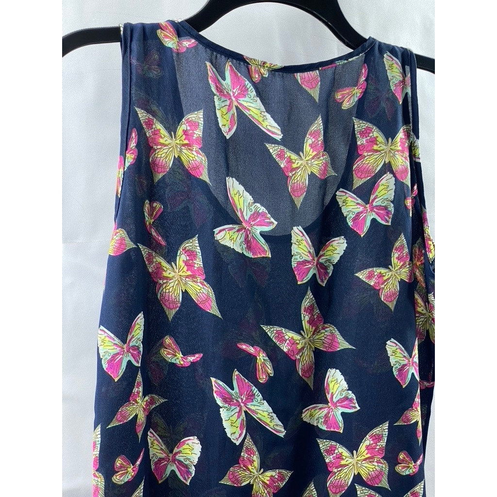 UNBRANDED Women’s Navy Sheer Scoop-Neck Butterfly Print Sleeveless Tank Top SZ S