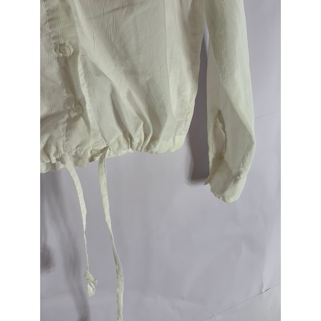 GLORIA VANDERBILT Women's Cream Button-Up Hooded Drawstring Long Sleeve Top SZ M