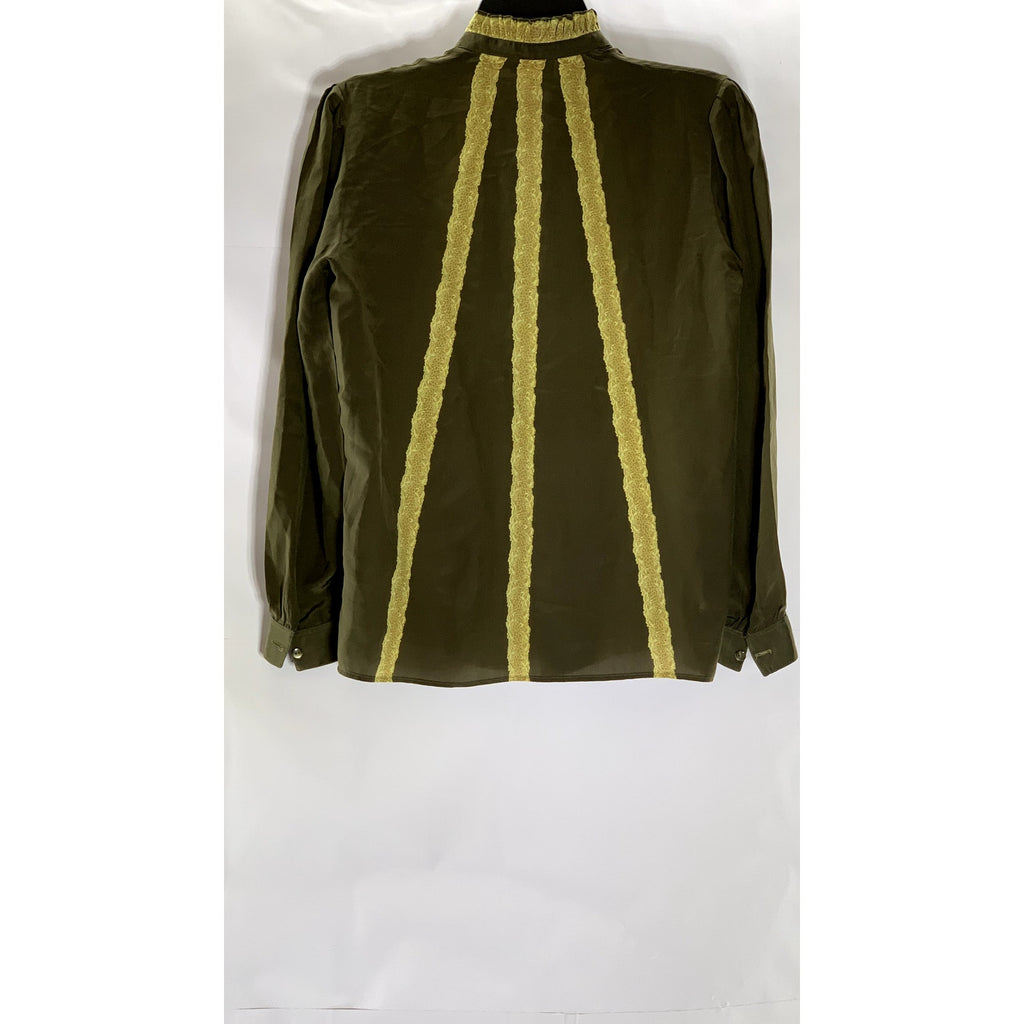 SERGE NANCEL Women’s Vintage Green-Yellow Tie-Neck Button-Up Too SZ 36(US6)