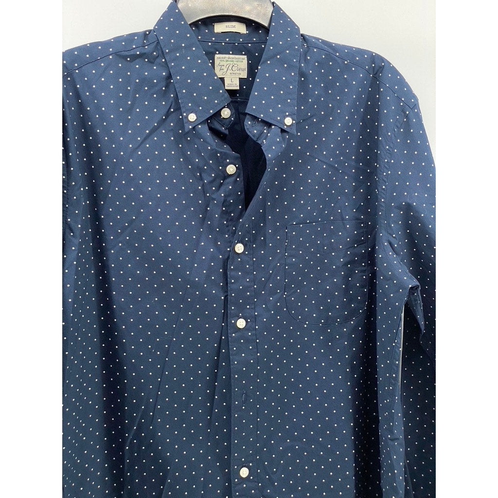 J.CREW Men's Navy Blue-White Micro Dot Stretch Slim-Fit Button-Up Shirt SZ L