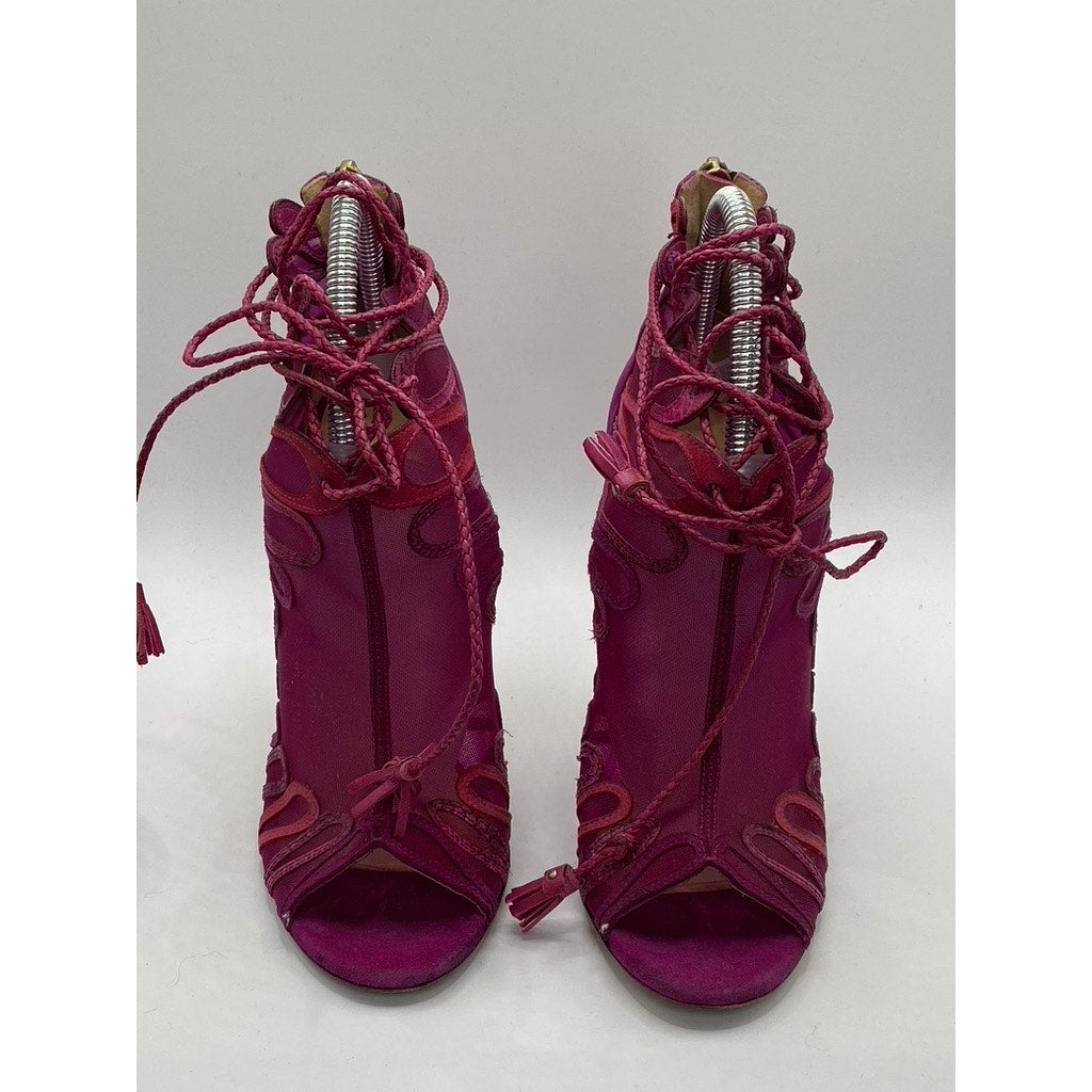 JIMMY CHOO Women's Magenta Kafira Mesh Peep-Toe Stiletto Booties SZ 38.5(US8.5)
