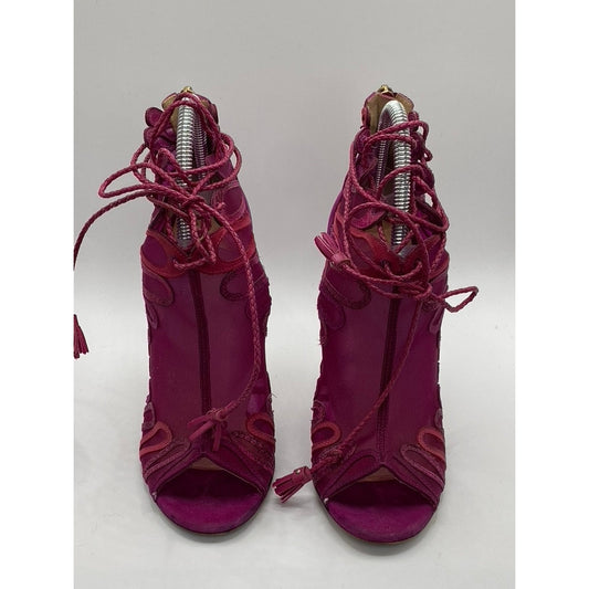 JIMMY CHOO Women's Magenta Kafira Mesh Peep-Toe Stiletto Booties SZ 38.5(US8.5)