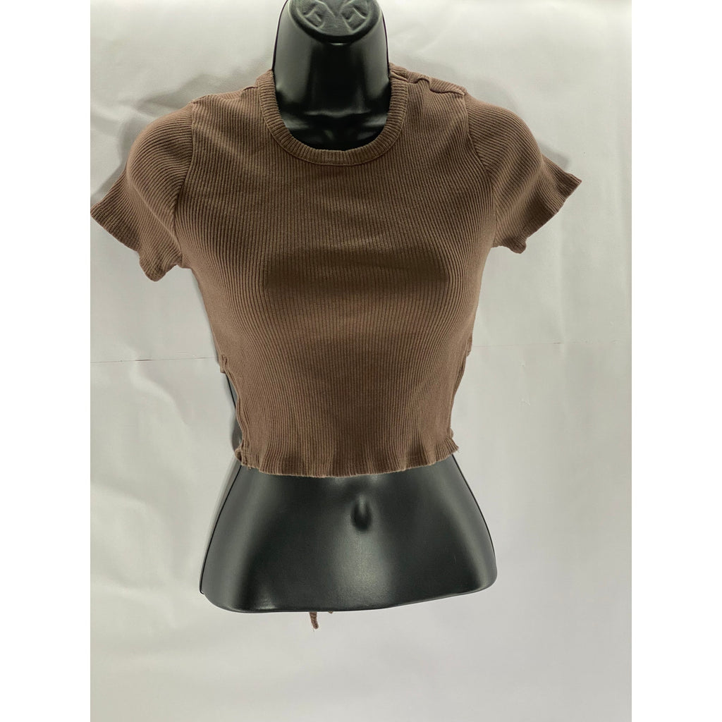 UNBRANDED Women's Brown Cropped Hi-Lo Hem Crew Neck Ribbed Top SZ S