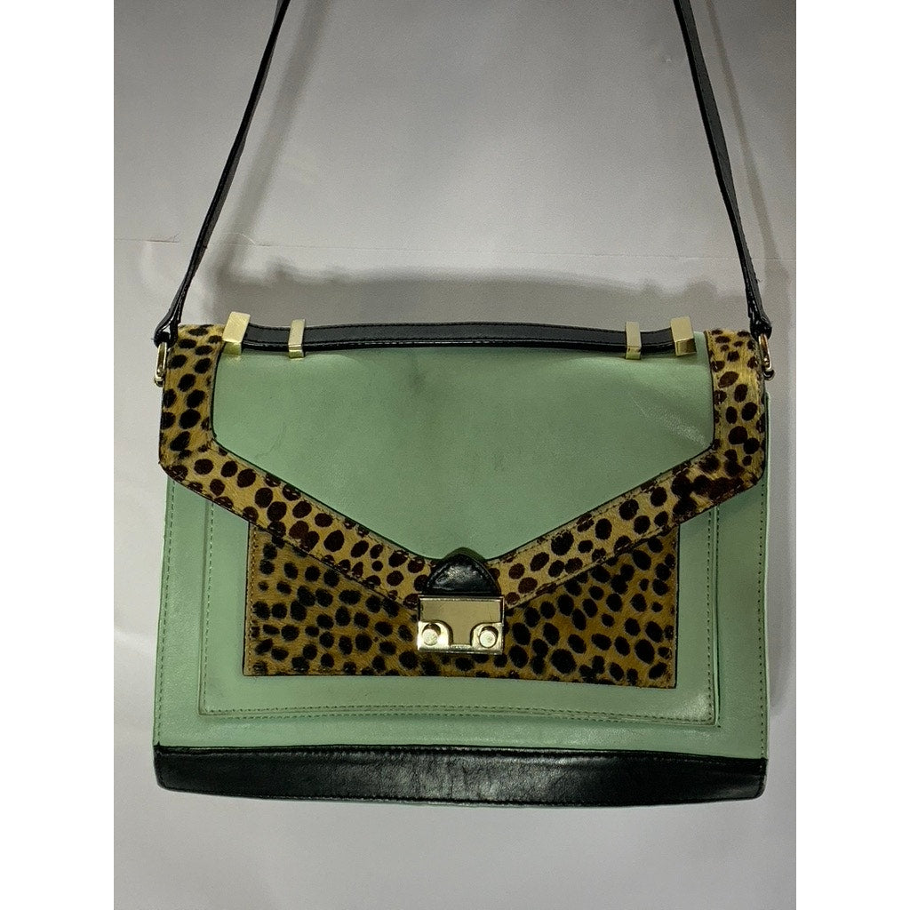 LEOFFLER RANDALL Women's Green/Animal Print Calf Hair Rider Satchel Bag