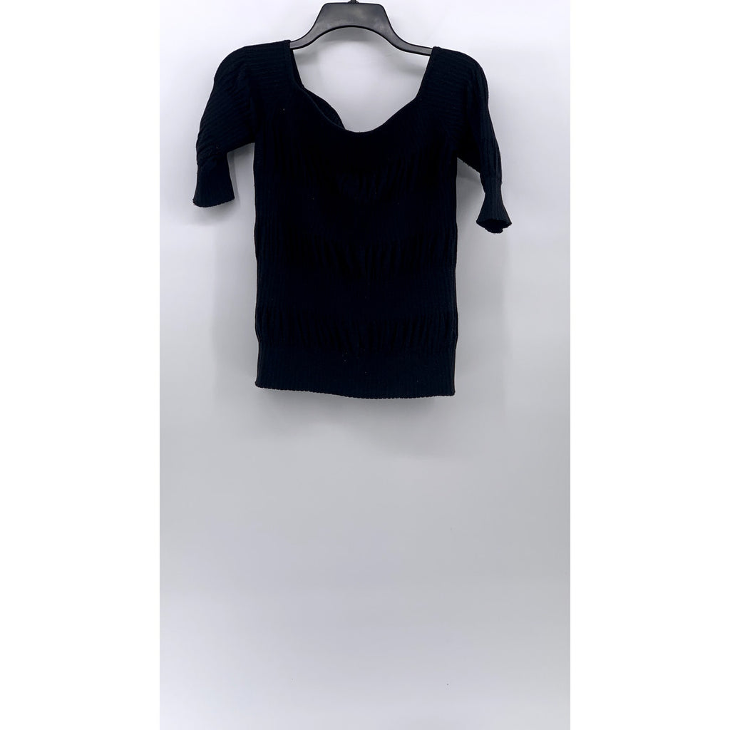 CLUB MONACO Women's Black Ribbed Boatneck Short Elbow Sleeve Top SZ S