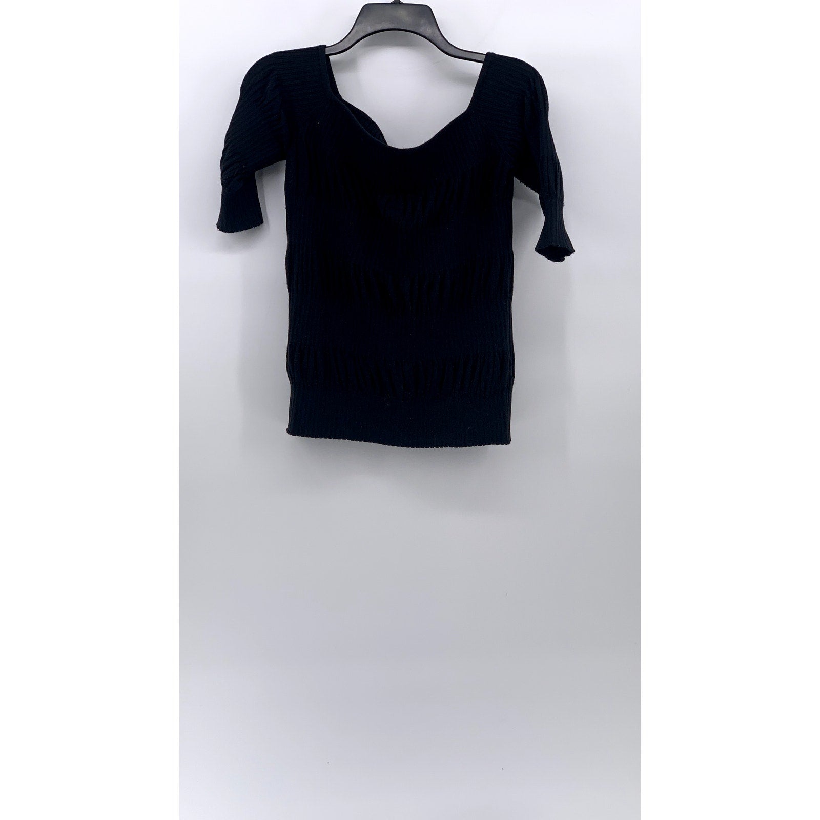 CLUB MONACO Women's Black Ribbed Boatneck Short Elbow Sleeve Top SZ S