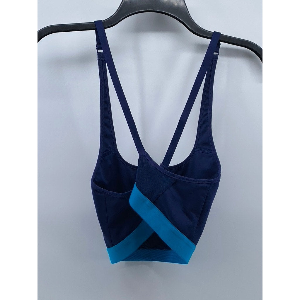 NIKE Women's Navy-Light Blue Scoop-Neck Logo Dri-Fit Cross-Back Sport Bra SZ M