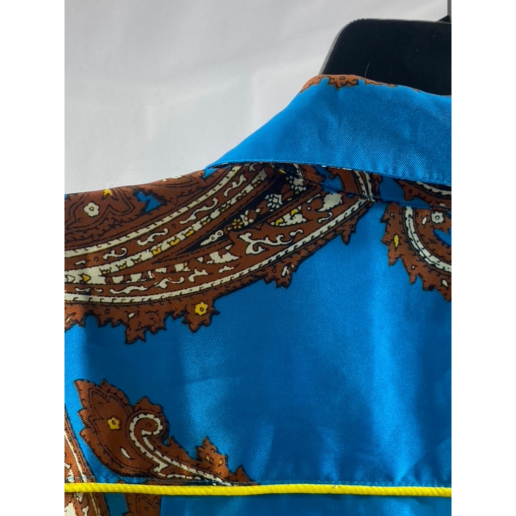 J.CREW Women's Blue-Brown Paisley Print Button-Up Long Sleeve Drapey Top SZ S