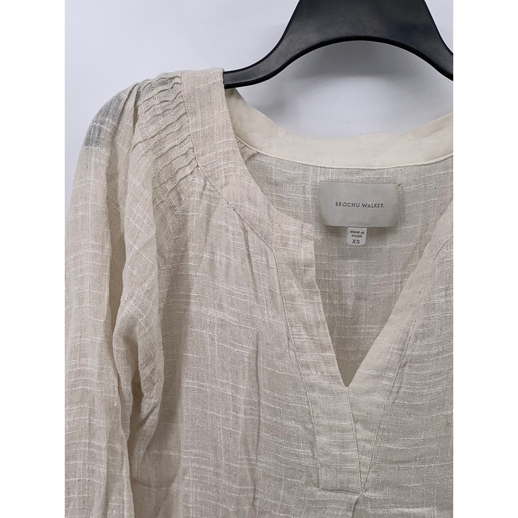 BROCHU WALKER Women's Beige V-Neck Long Sleeve Cotton-Linen Top SZ XS