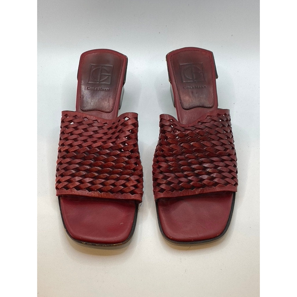 COLE HAAN Women's Red Leather Woven Square Open-Toe Block Heel Sandals SZ 8.5