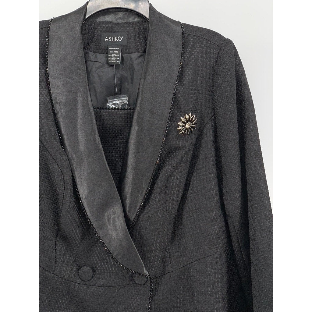 AHSRO Women's Plus Black Textured Beaded Double Breasted Blazer SZ 16W