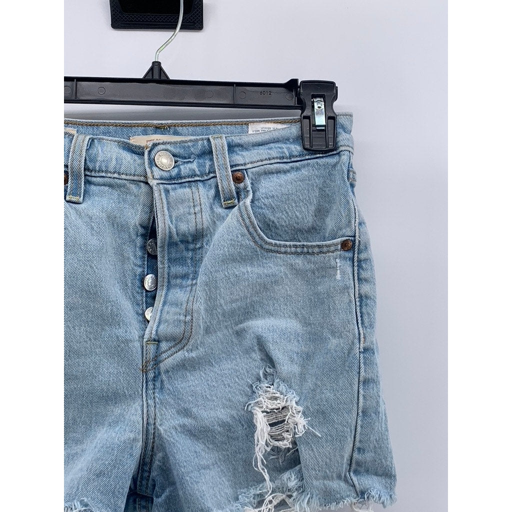 LEVI'S Women's Light Blue Distressed High-Rise Ribcage Button-Fly Short SZ 25