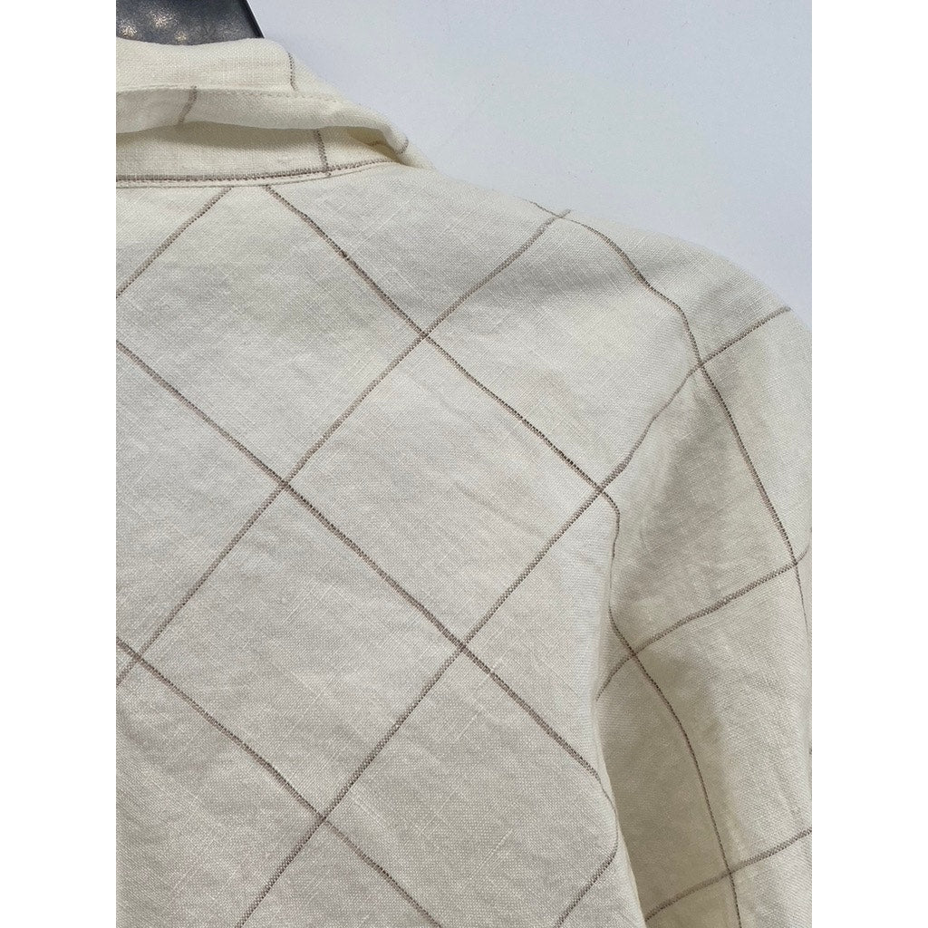 ROHE Women's Off-White Windowpane Linen Button-Up Long Sleeve Shirt SZ 42(US10)