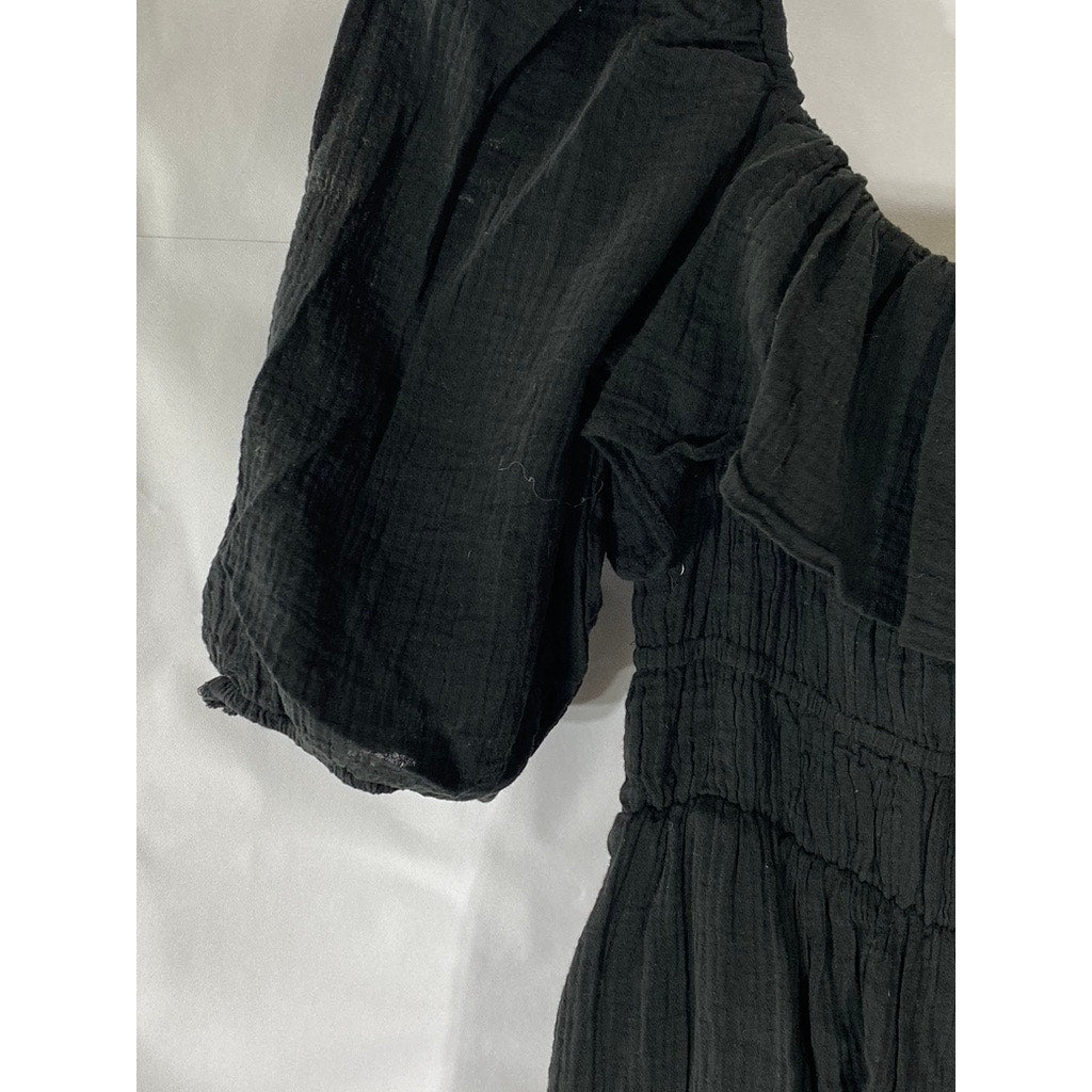 BLUE BLUSH Women's Black Ruffle Smocked Short Elbow Sleeve Midi Dress SZ M