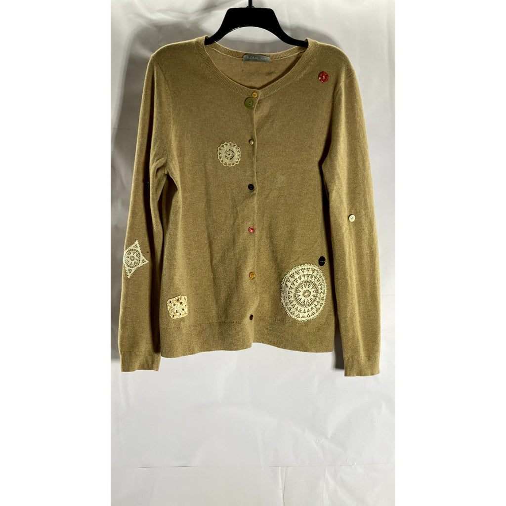 FLORAL AVE Women's Tan Cashmere Patch/Button Design Button-Up Cardigan SZ S