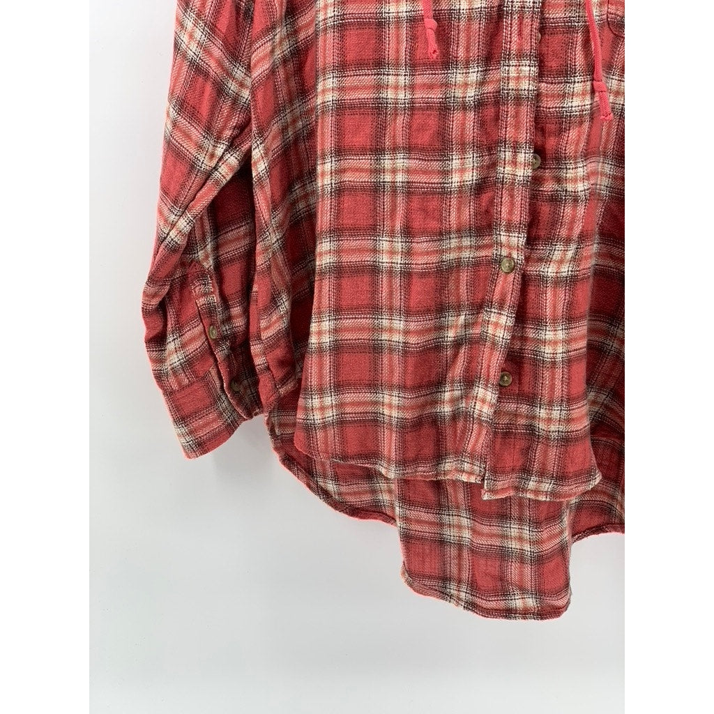 AMERICAN EAGLE Men's Red Plaid Button-Up Hooded Long Sleeve Sweater Shirt SZ L