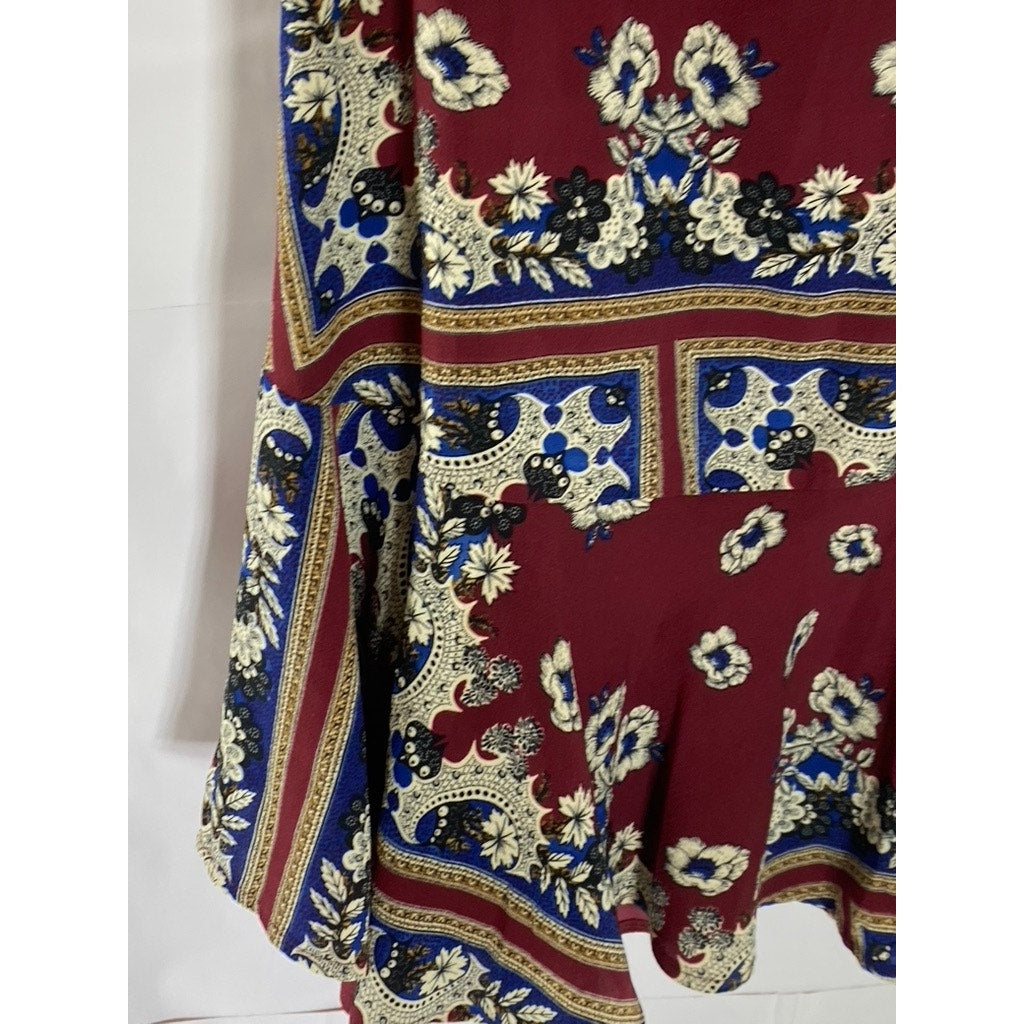JODIFL Women's Burgundy-Beige-Blue Printed Scoop-Neck Tank Mini Dress SZ M