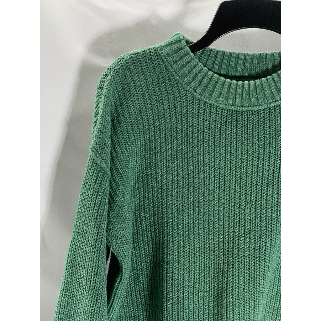 WILD FABLE Women's Dark Green Rib Knit Crewneck Long Sleeve Cropped Sweater SZ M