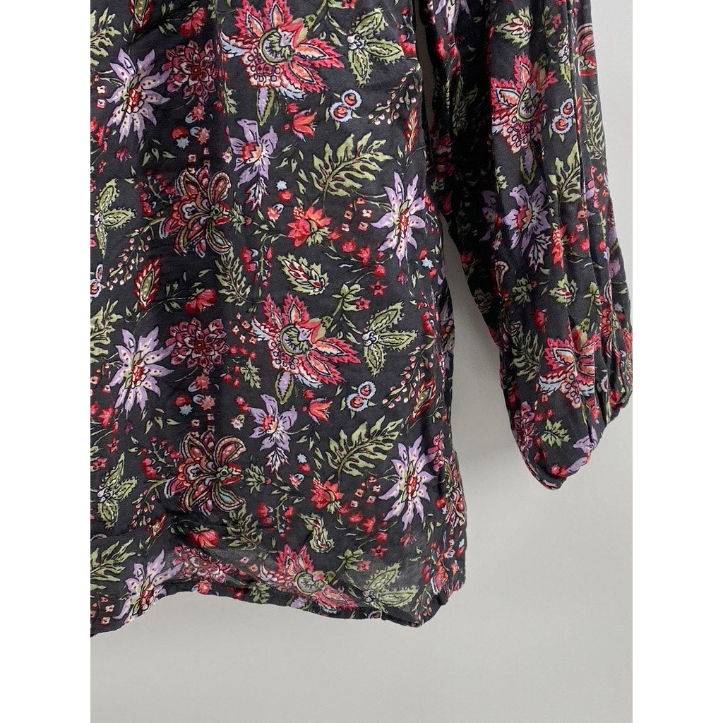 LOFT Women's Black Floral Print Ruffle-Hem Tie-Neck Long Sleeve Top SZ M