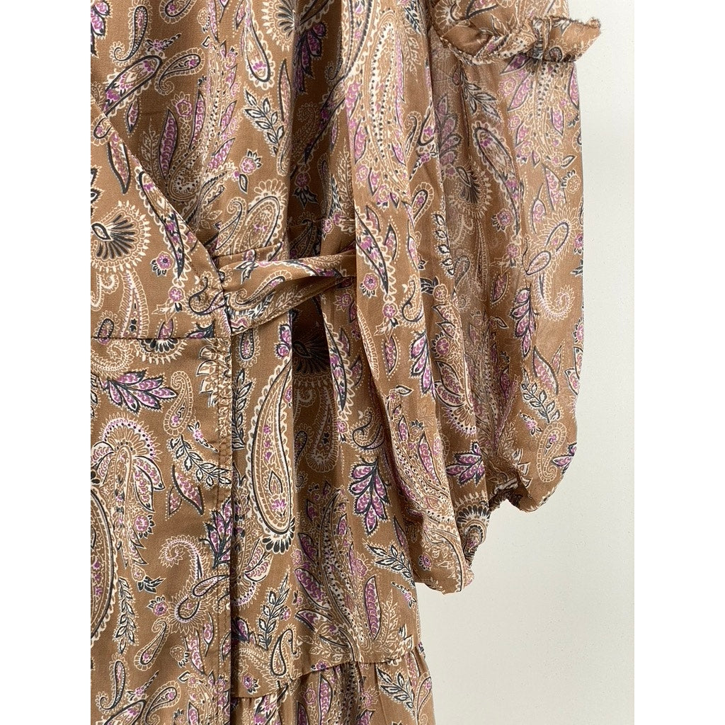 ELAN Women’s Tan Paisley Printed Long Sleeve Ruffle Trim Wrap Midi Dress SZ S