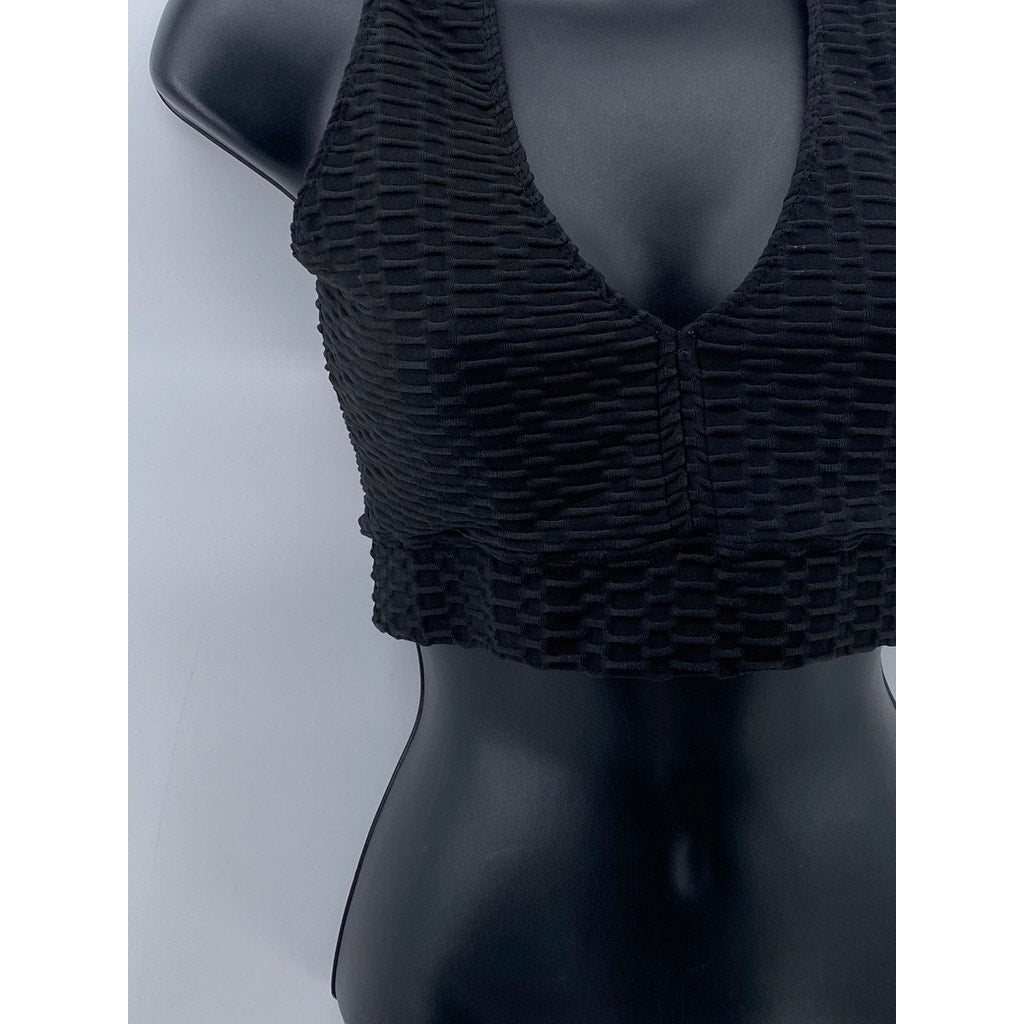 FOREVER 21 Women's Blac Textured V-Neck Cross Back Cropped Top SZ M