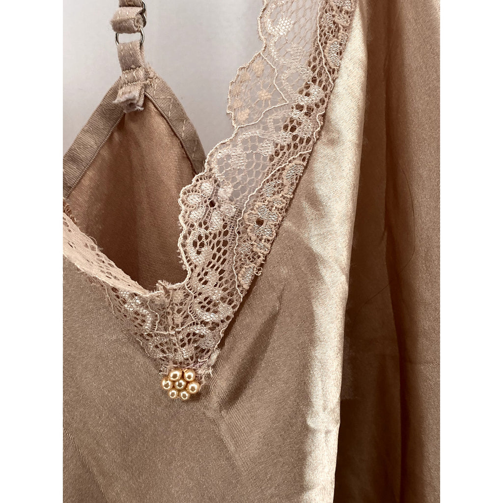 AVID LOVE Women's Beige Lace-Trim V-Neck Adjustable Strap Night Gown SZ L