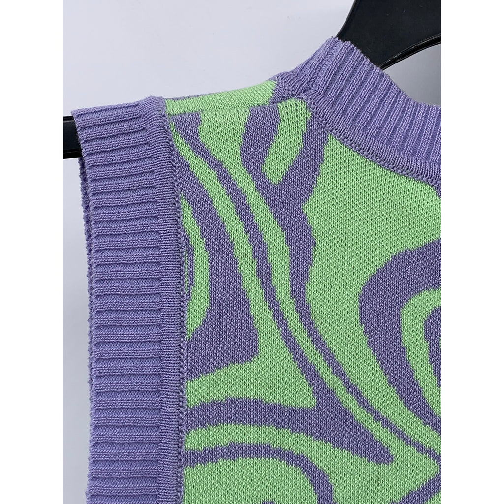 MISS LOVE Women's Purple-Green Swirl Crewneck Sleeveless Retro Sweater Vest SZ M